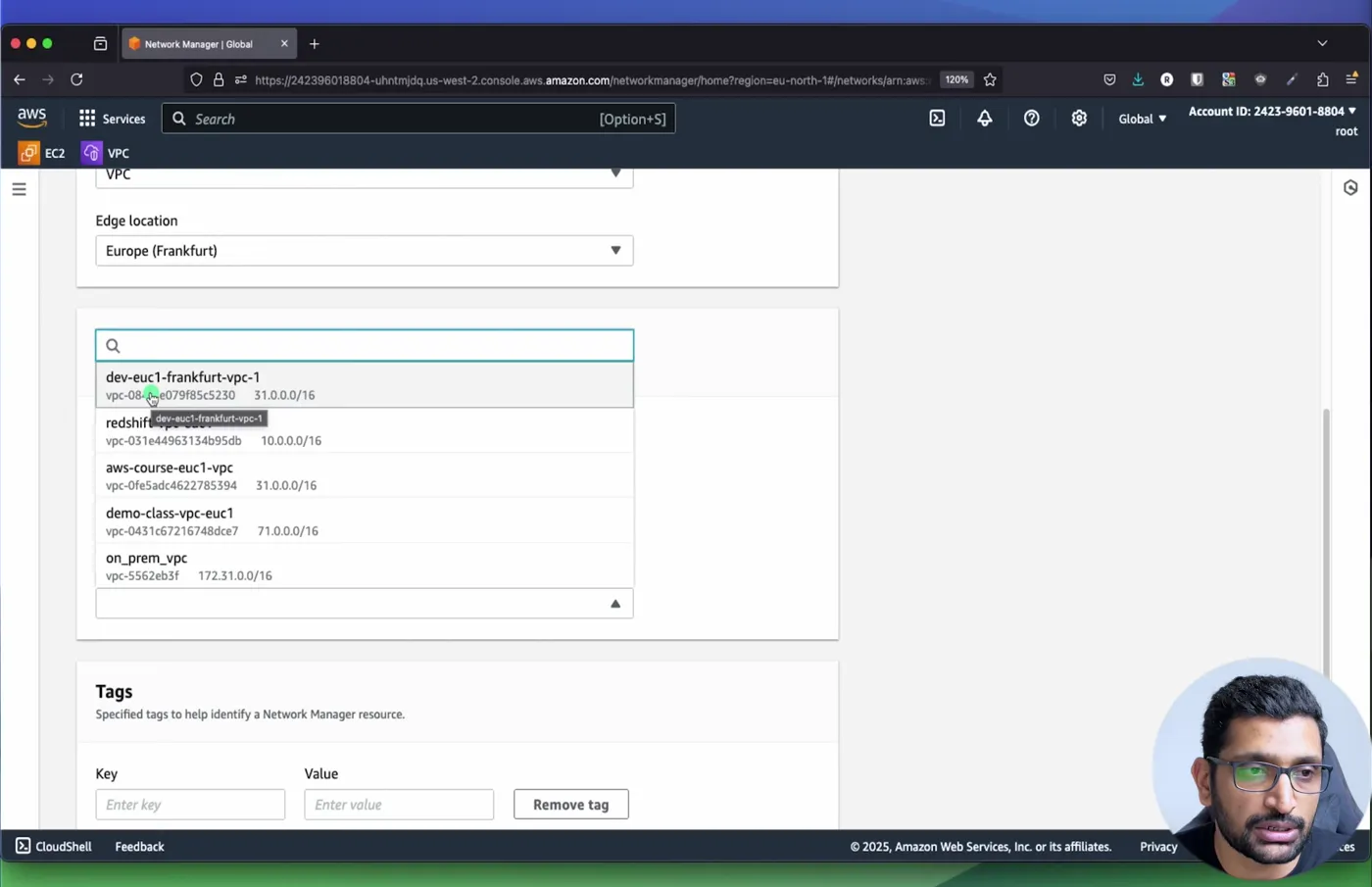 Creating the dev attachment: edge location Europe (Frankfurt), VPC dev-euc1-frankfurt-vpc-1, 31.0.0.0/16