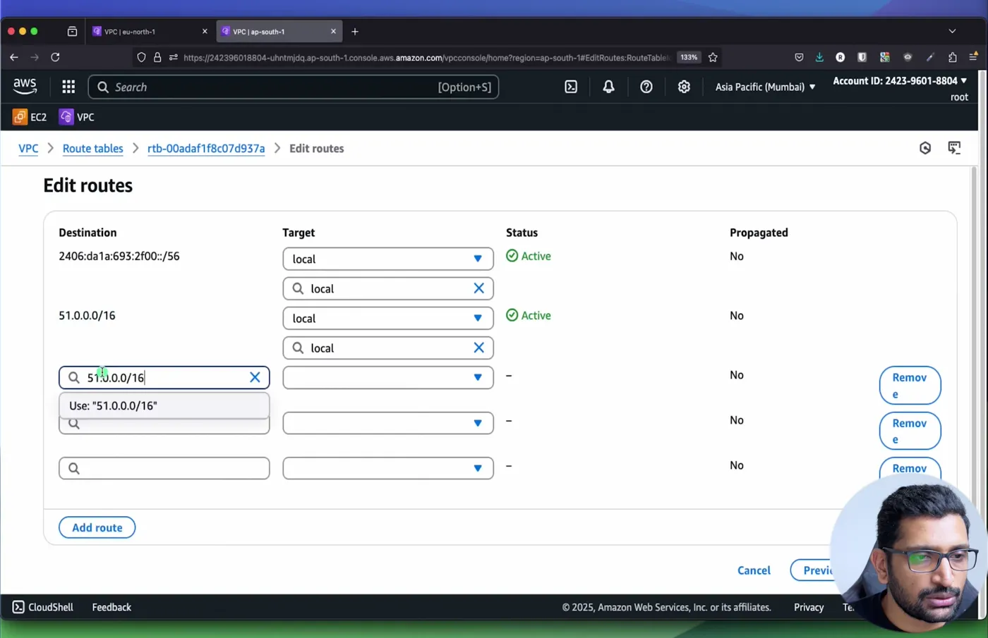 Editing a VPC route table in Mumbai: a destination with target arn:aws:networkmanager ... core-network