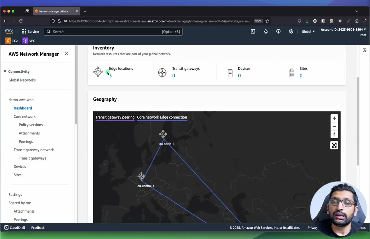 The global network dashboard: 3 edge locations, 0 transit gateways, and the map with Frankfurt, Stockholm and Mumbai connected