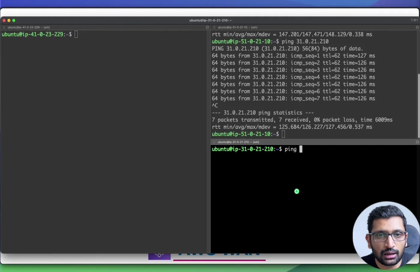 From the shared VPC in Mumbai: prod in Stockholm answers in 147 ms, dev in Frankfurt in 126 ms