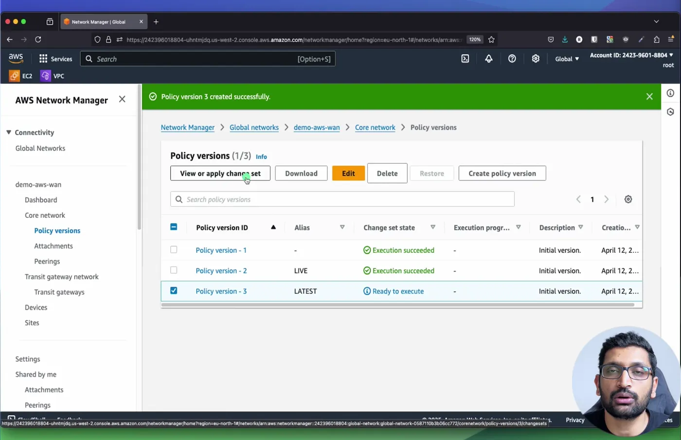 Policy versions: version 2 is LIVE, version 3 is LATEST and ready to execute