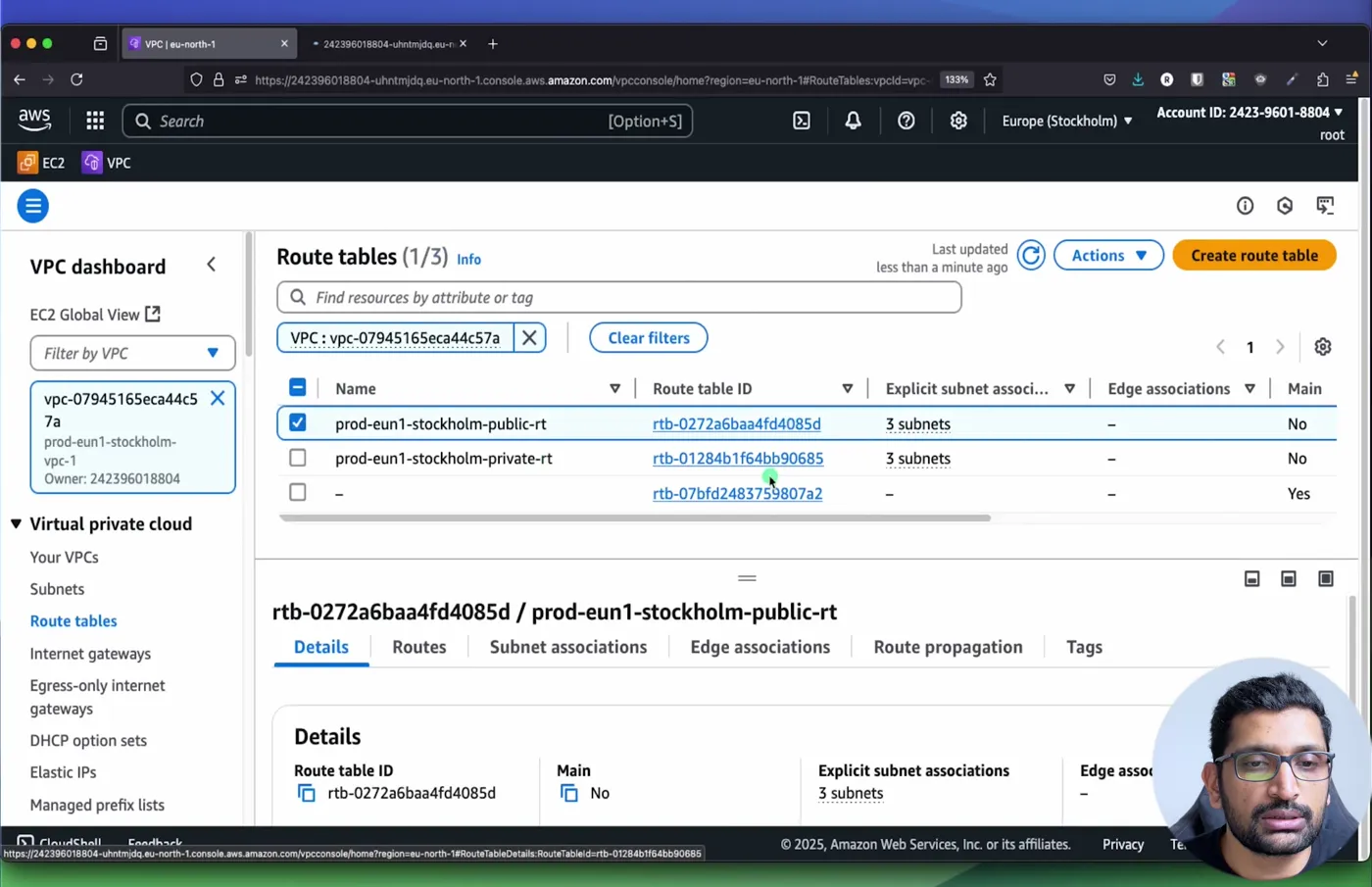 The prod VPC in Stockholm has a public and a private route table, 3 subnets each; both need the Core Network routes