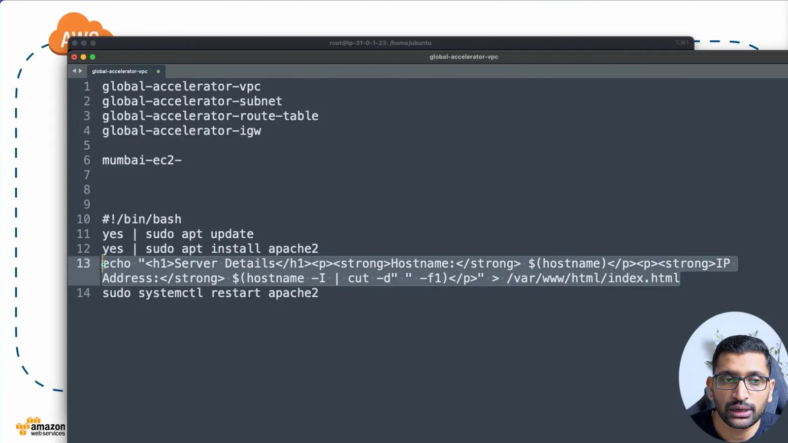 The user data script that installs Apache and writes the Server Details page