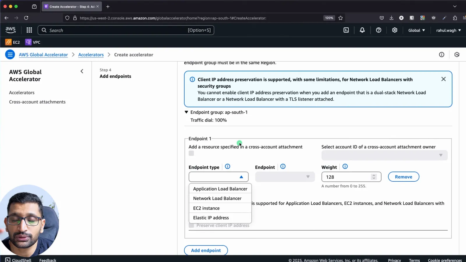 Adding the ALB as an endpoint with weight 128 and client IP preservation on