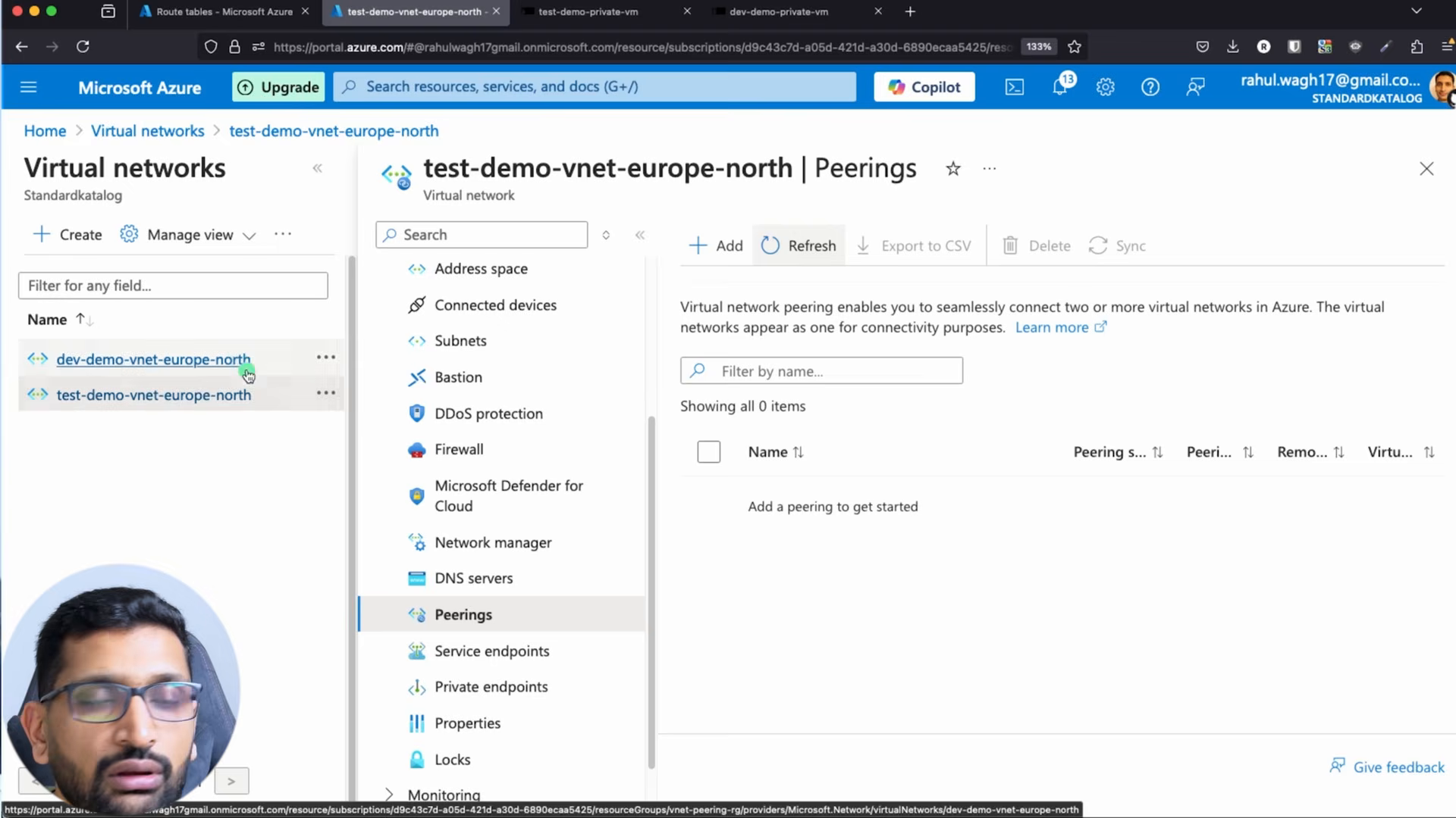 After deleting the peering from the test VNet - the dev VNet's Peerings blade also shows 0 items