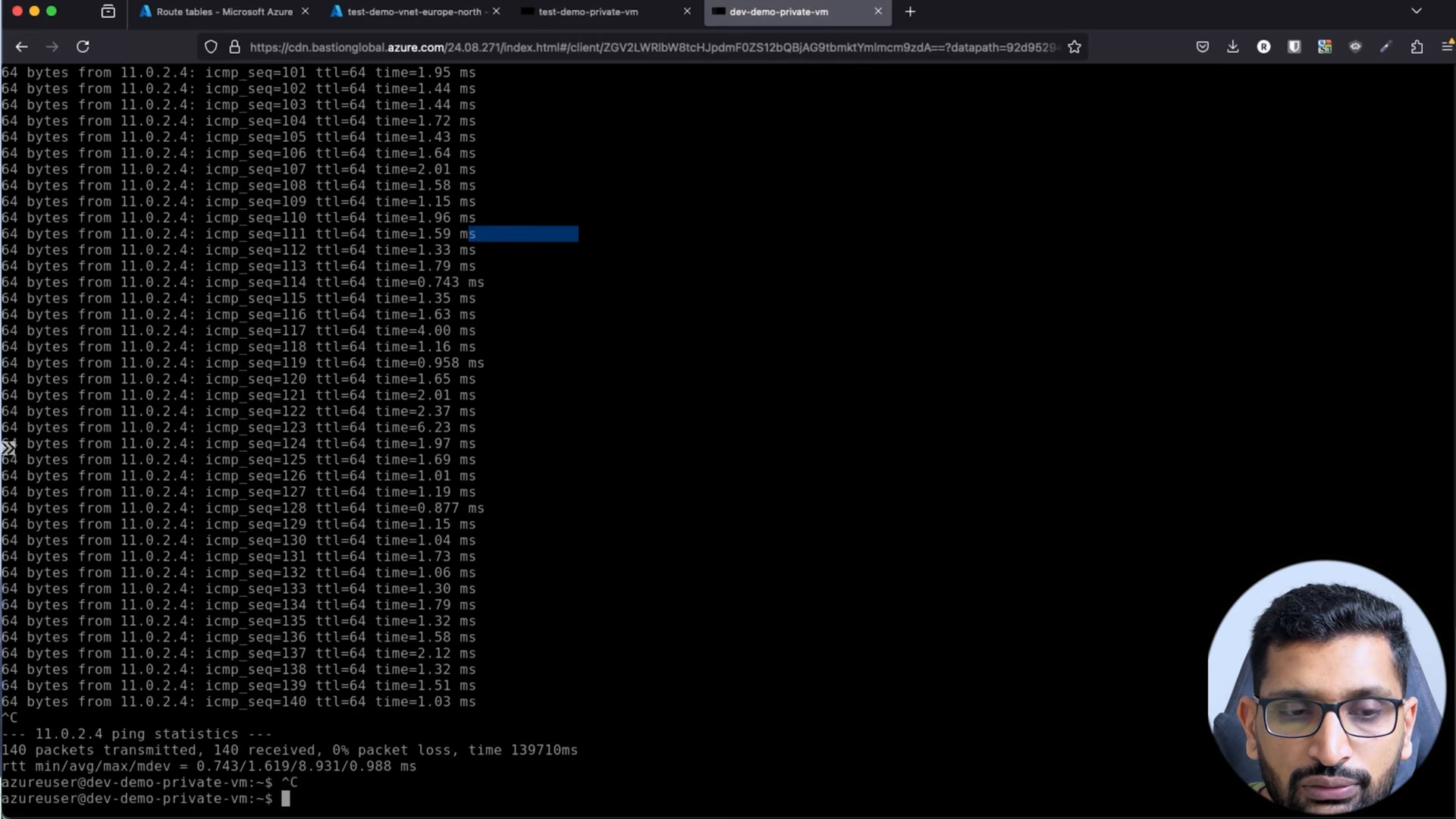 Bastion session on dev-demo-private-vm - 140 packets to 11.0.2.4, 0 % loss, 1.6 ms average