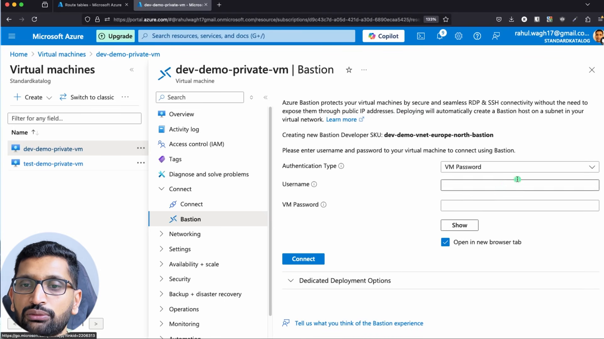 Connecting to dev-demo-private-vm through the Bastion Developer SKU from the VM's Connect blade