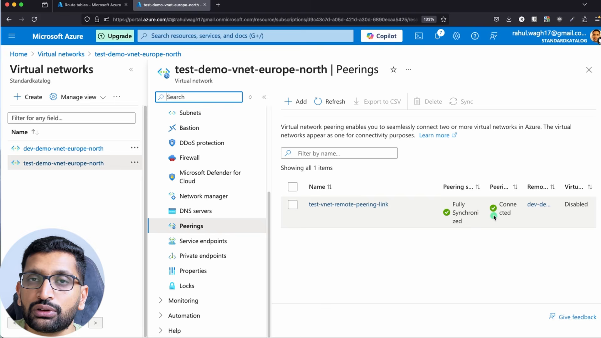 The test VNet's Peerings blade after creation - test-vnet-remote-peering-link, Fully Synchronized, Connected, gateway transit Disabled