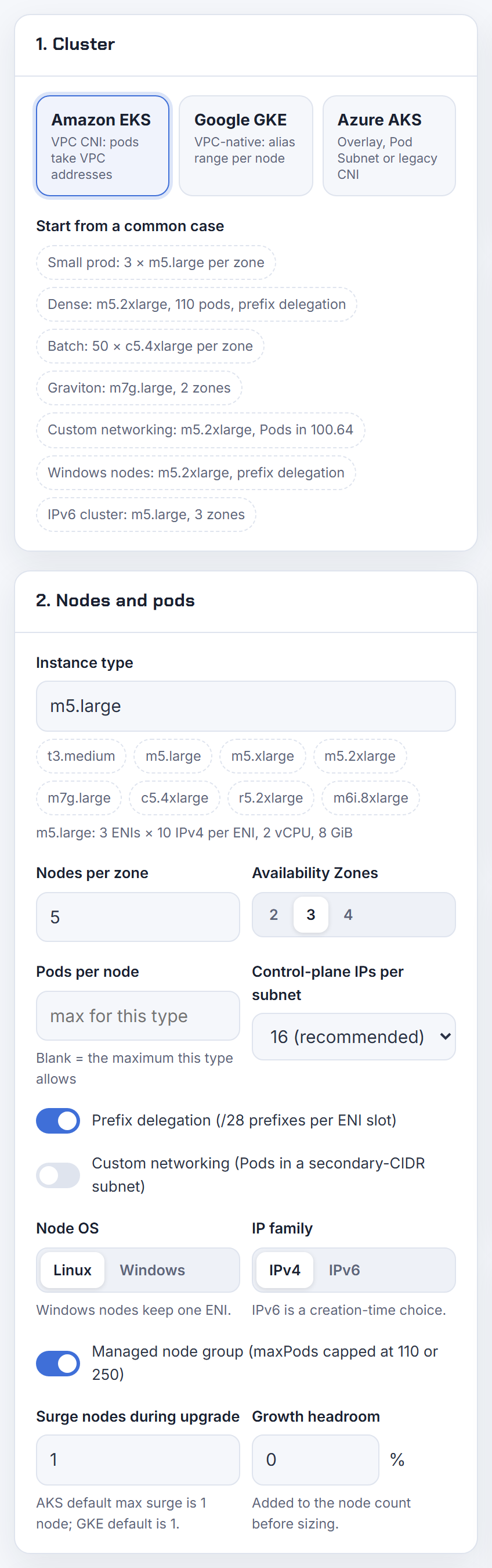 The Cluster and Nodes-and-pods inputs with prefix delegation on: each switch maps to a vpc-cni env value on the add-on, not to a node group API field.