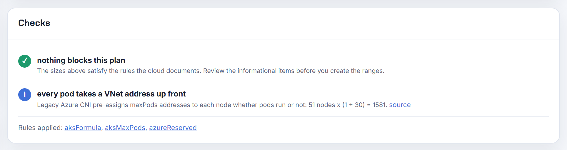 Checks card for 50 node subnet CNI nodes at 30 max pods, 1 surge: 51 x (1 + 30) = 1,581 addresses pre-assigned, the count AKS checks per pool subnet.