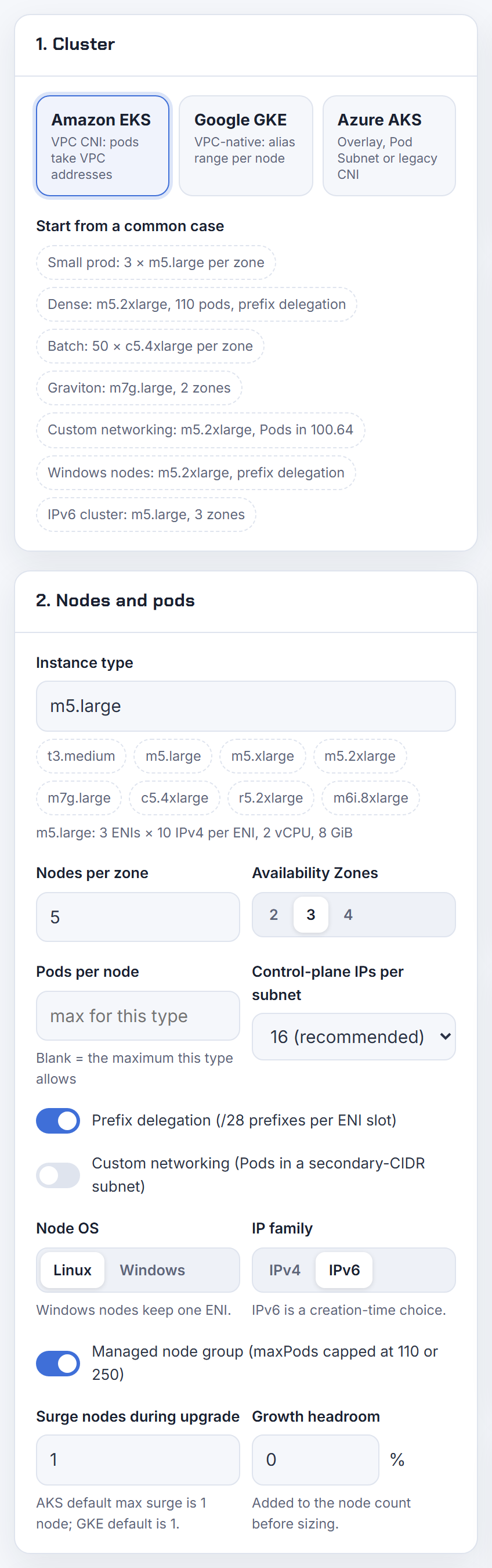 The cluster inputs with the IP family switch on IPv6: a creation-time choice, so an IPv4 cluster reaches IPv6-only endpoints with ENABLE_V6_EGRESS instead.
