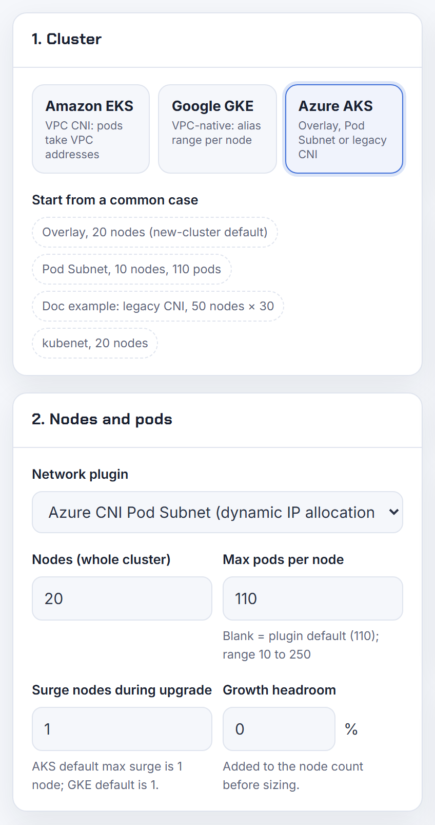 The Cluster inputs with Azure CNI Pod Subnet selected: the mode picker models every IPAM mode, but only node subnet or kubenet can move to Overlay.