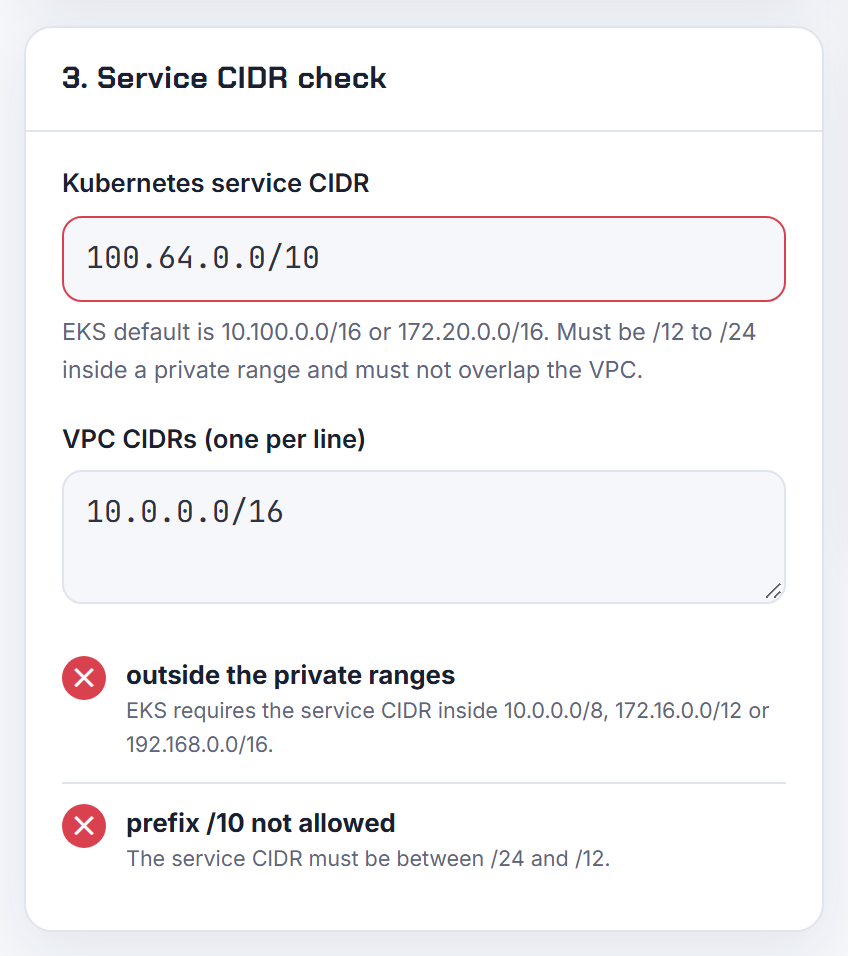 The service CIDR check with 100.64.0.0/10: flagged as outside the private ranges and a /10 is wider than the /12 EKS allows, so it is rejected.