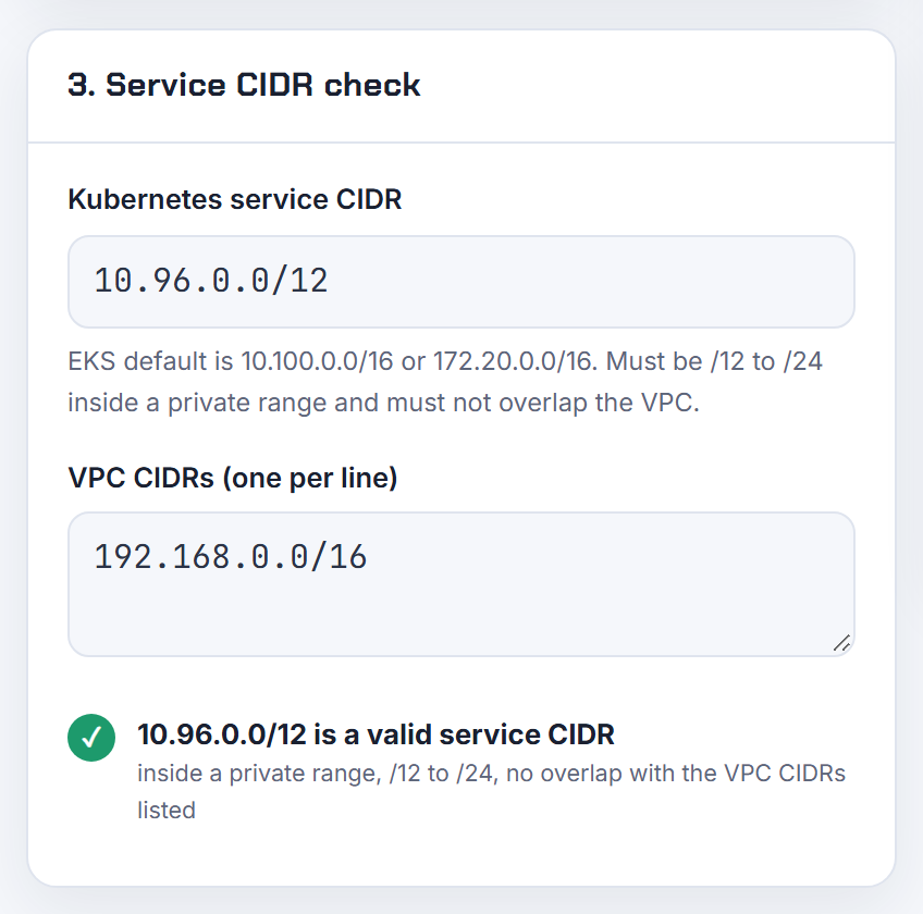 The overlap check with the kubeadm default 10.96.0.0/12 against 192.168.0.0/16: clear, so 192.168 works for pods only if the LAN is not 192.168.