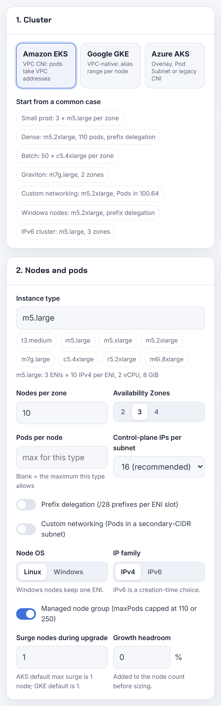 The Cluster card with zones and nodes per zone: the calculator models one subnet per AZ, so two same-AZ subnets are entered as their combined node count.