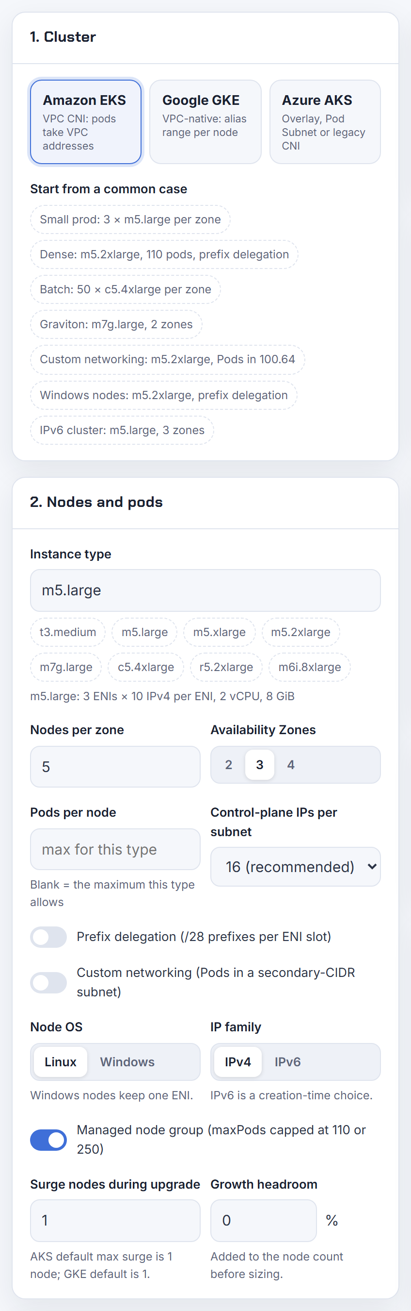 The Cluster card: the calculator sizes by address count only; a public subnet holds as many nodes and pods as a private one, since public IPs are gateway NAT.