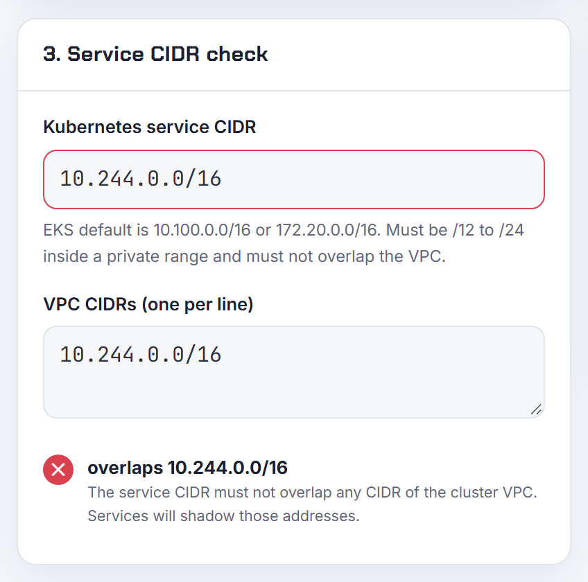 The service CIDR check with the service range and the pod/VPC range both 10.244.0.0/16: the calculator reports the overlap Kubernetes forbids.