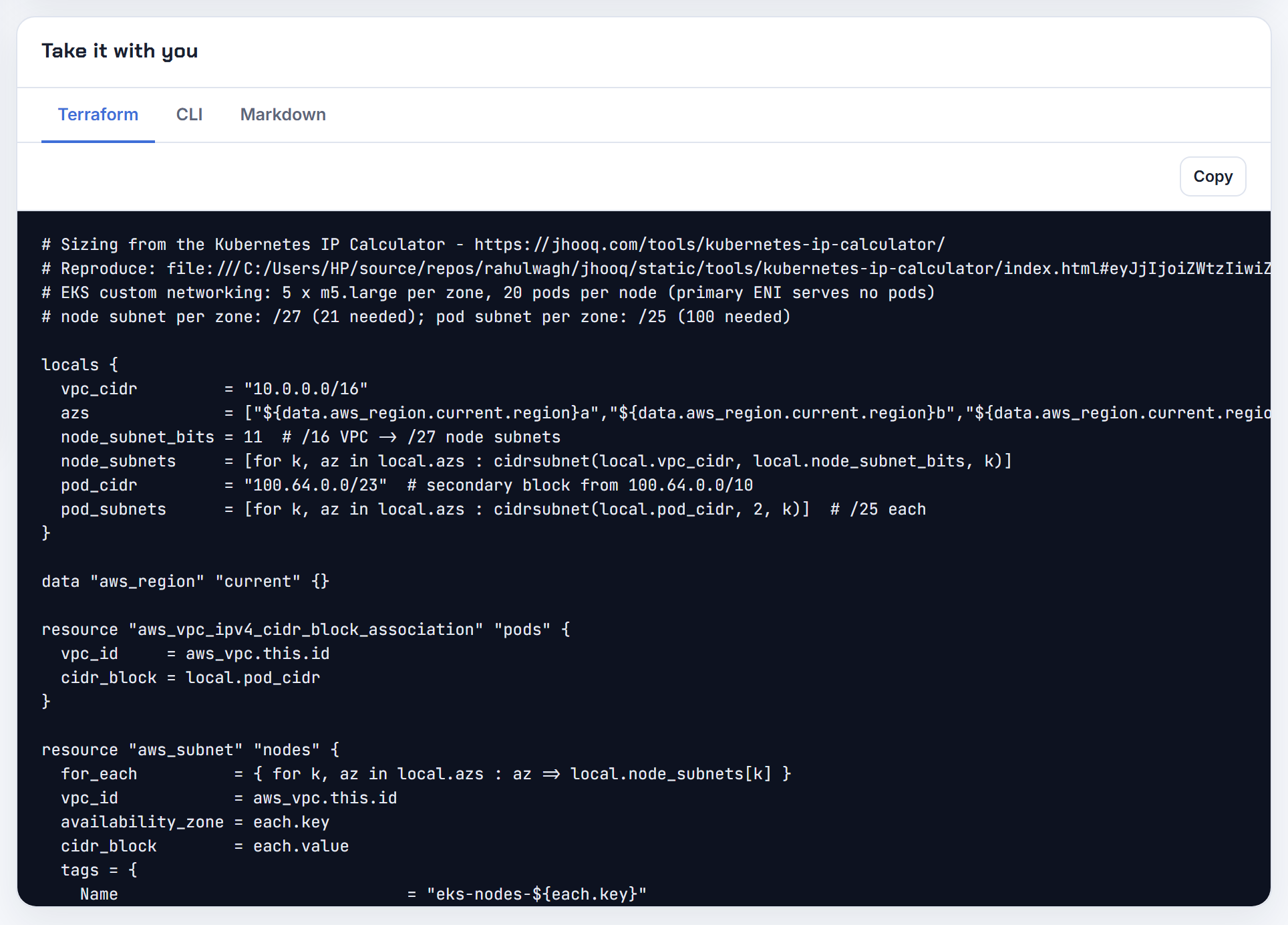 The Terraform tab with custom networking modelled: values to put in place before the first node group, since nodes already running are never changed.