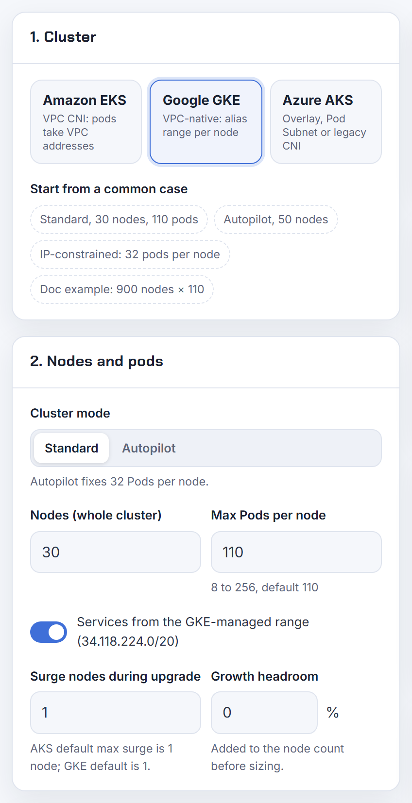 The Cluster and Nodes-and-pods inputs for a 30-node GKE cluster: no IP family switch, since the IPv4 ranges it sizes are what dual-stack still needs.