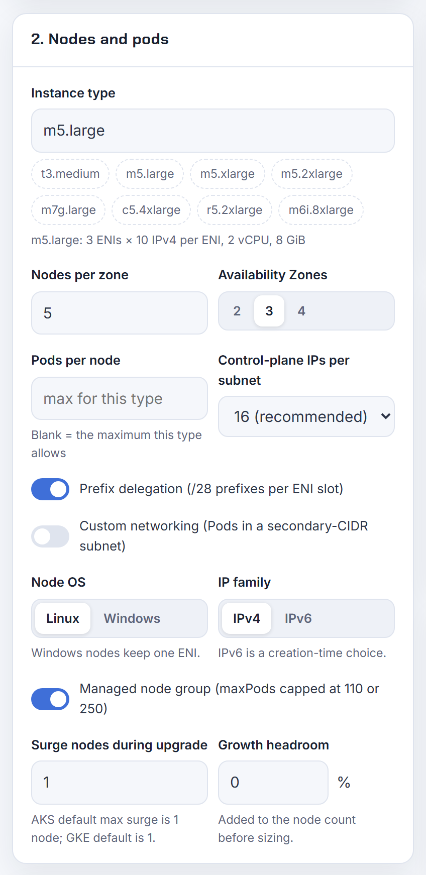 The Nodes card with the prefix delegation switch on: a VPC CNI IPAM setting, so it applies whether Calico only enforces policy or is absent.