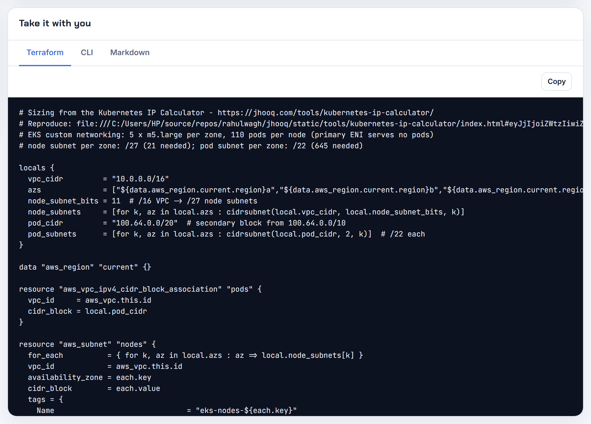 The Terraform tab for m5.large with prefix delegation and custom networking on: the vpc-cni env values and max pods the module needs; the 110 cap still wins.