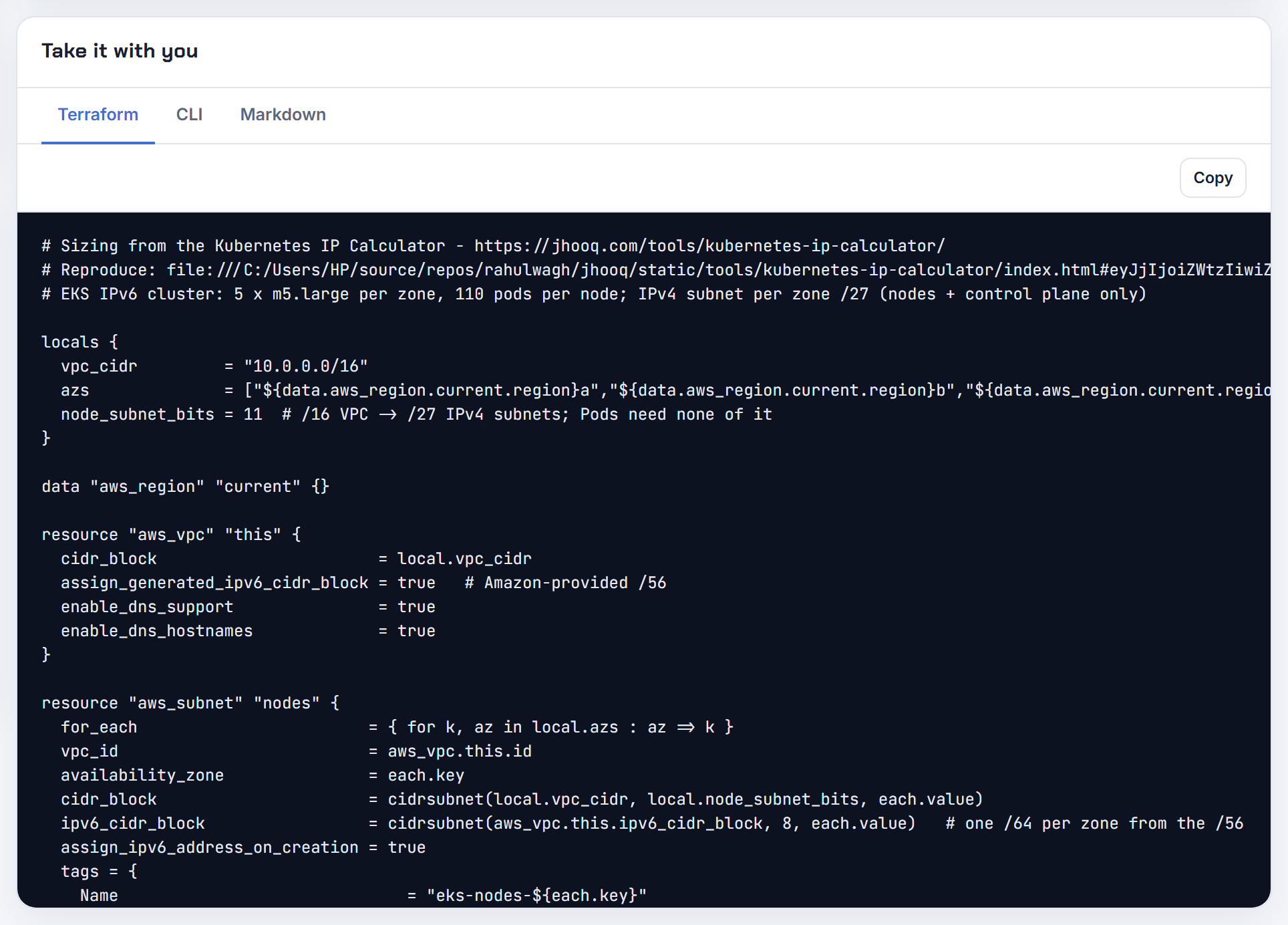 The Terraform export for an IPv6 cluster with ip_family ipv6: the cluster side of the setup; IPv6 Services need the Load Balancer Controller in IP target mode.