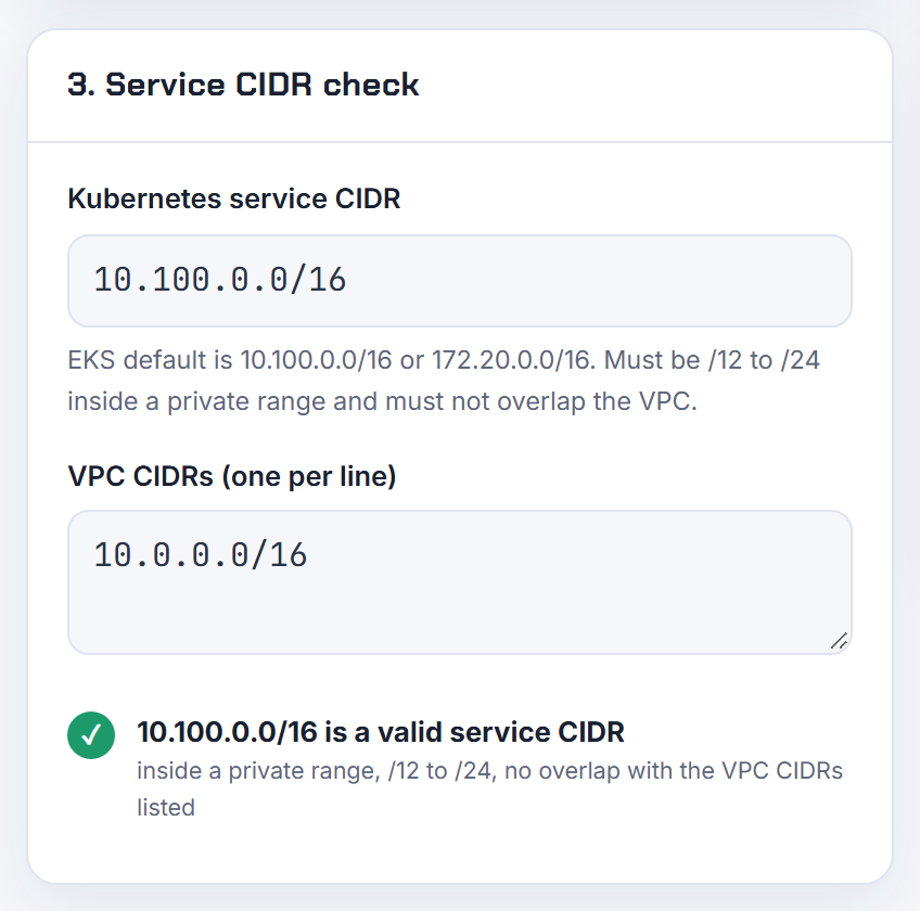 The service CIDR check with the EKS default 10.100.0.0/16 against a 10.0.0.0/16 VPC: the value describe-cluster returns, with no overlap.