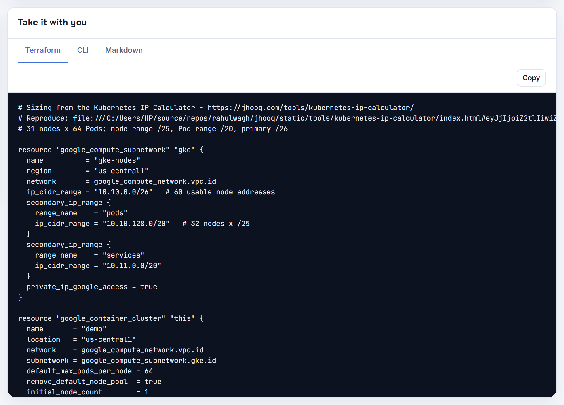 The Terraform tab on GKE at 64 pods per node with a /20 service range: ip_allocation_policy ranges sized from max pods, a /25 per node.