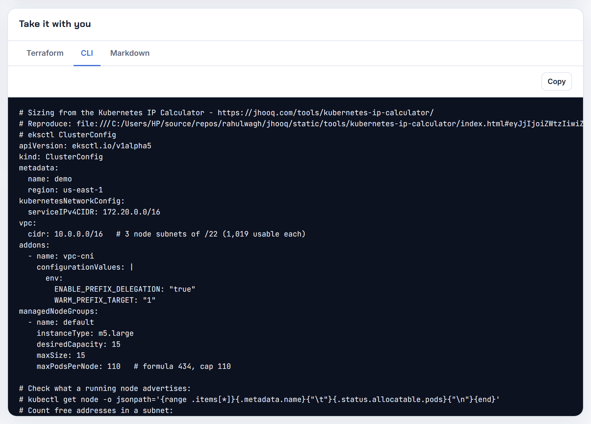 The CLI tab for m5.large with prefix delegation: the eksctl maxPodsPerNode and vpc-cni configurationValues; ENIConfigs are still yours to create.