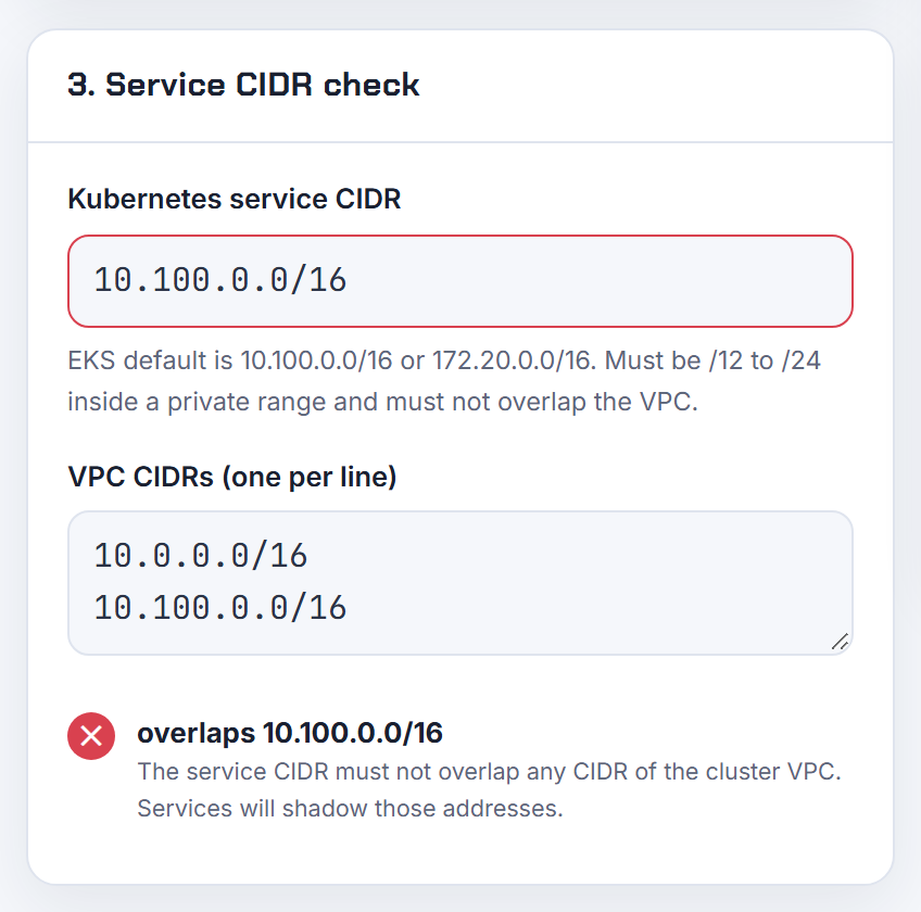 The service CIDR check when a peered 10.100.0.0/16 is pasted beside the VPC: the overlap is flagged, and EKS cannot change the range after creation.