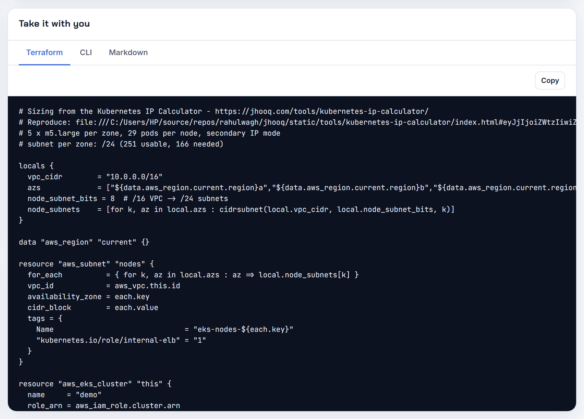 The Terraform export with service_ipv4_cidr 10.2.0.0/16: the same setting kubeadm calls --service-cidr and the API server --service-cluster-ip-range.