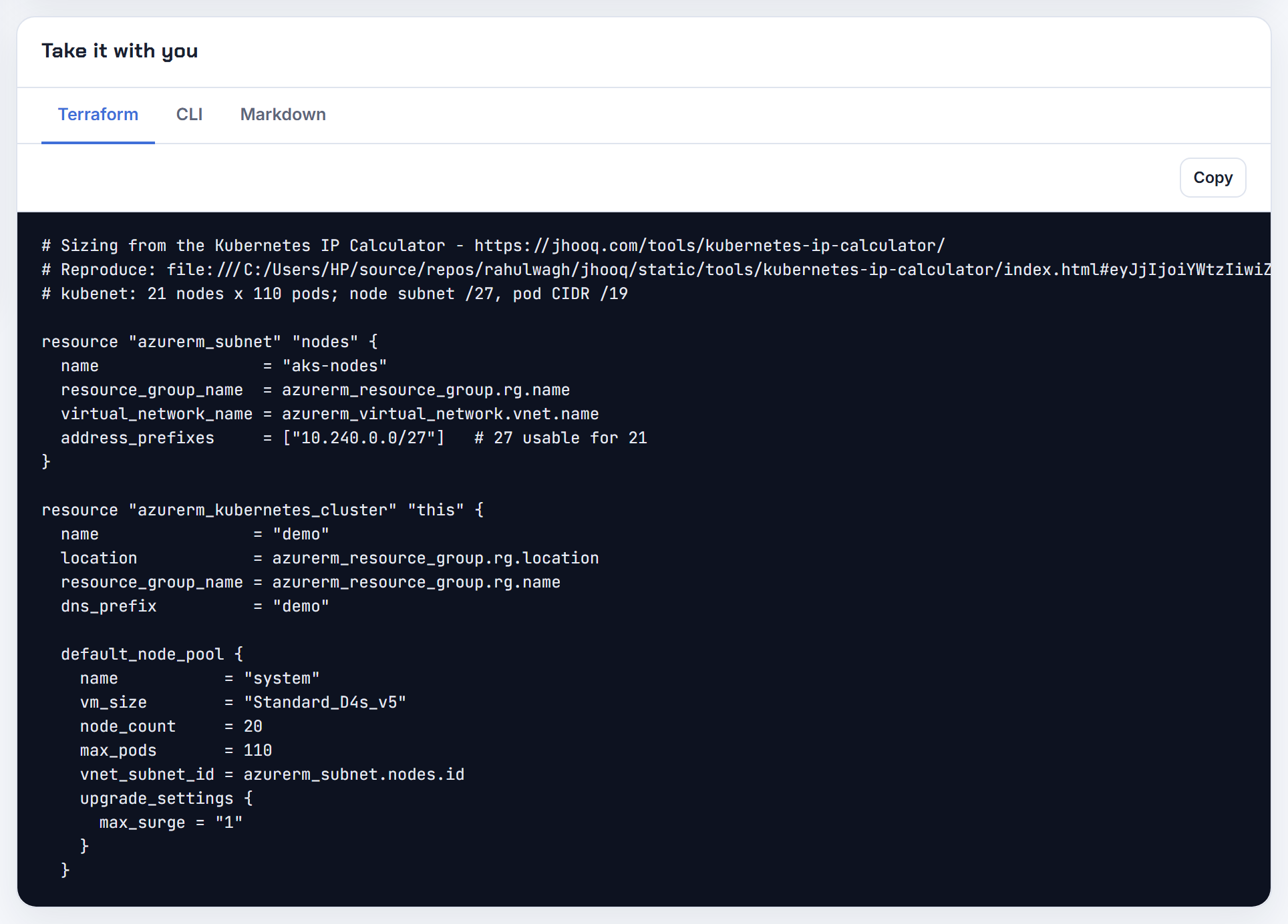 Terraform tab for a 20-node kubenet cluster: the network_profile the migration edits to network_plugin azure plus network_plugin_mode overlay.