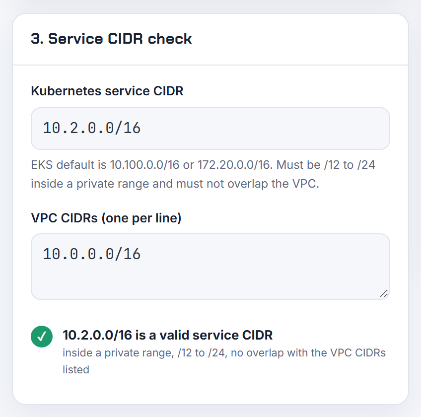 The service CIDR check with the custom 10.2.0.0/16: Windows bootstrap must be given this range and 10.2.0.10 explicitly, or it guesses 172.20.0.0/16.