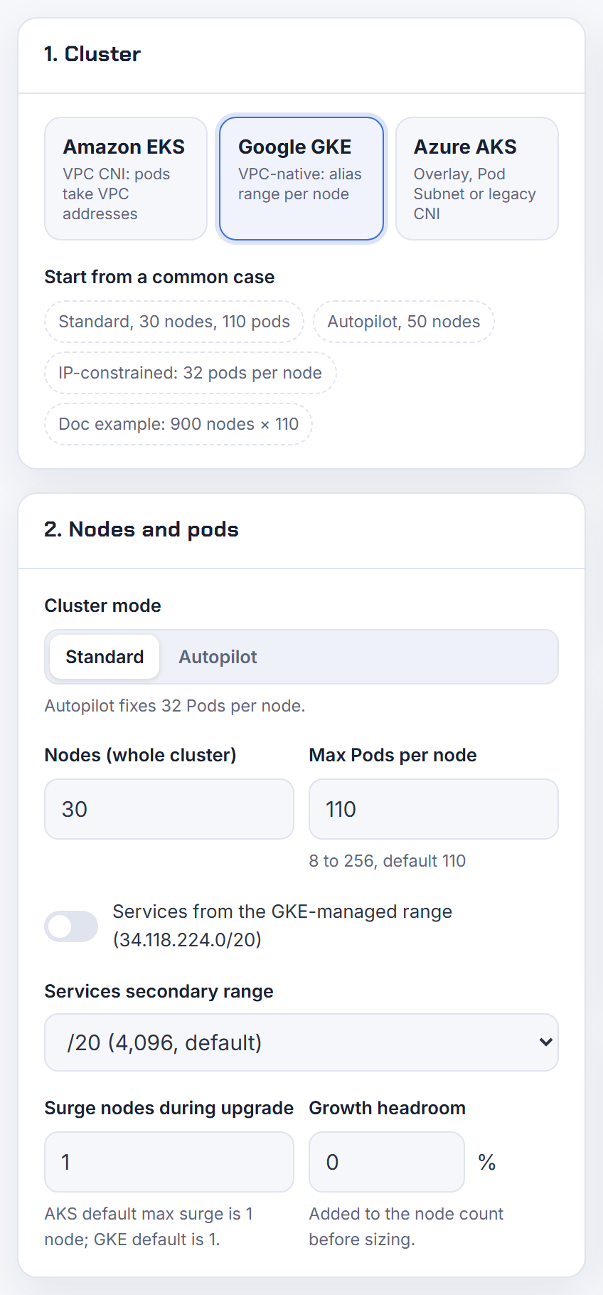 The Cluster inputs with the Services secondary range picker on: each cluster set up this way adds a pod and a service secondary range to the same subnet.