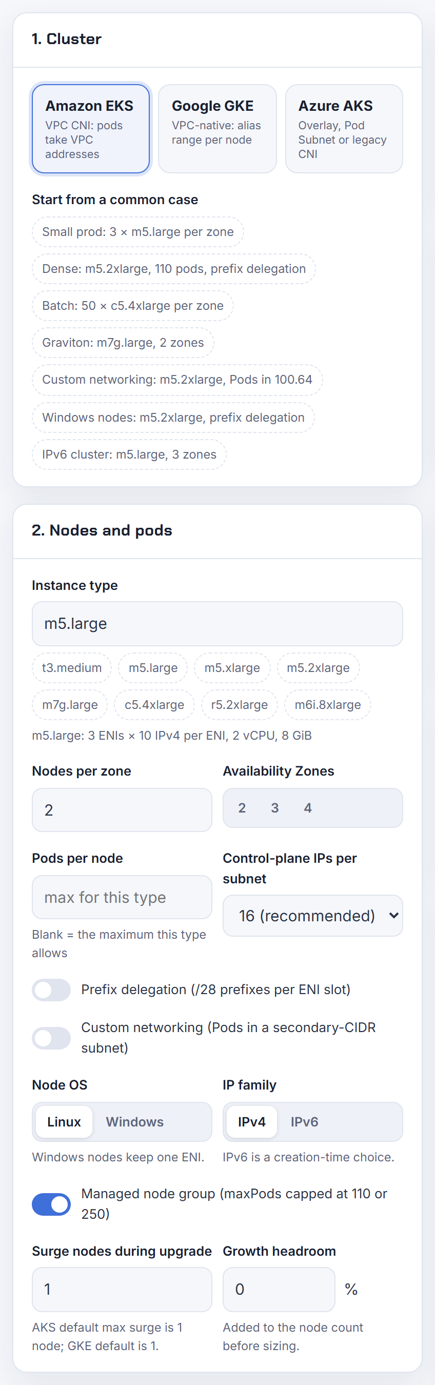 The inputs for a two-node m5.large managed group, the minimum the Karpenter docs ask for so its second replica has a node; the error is not about IPs.