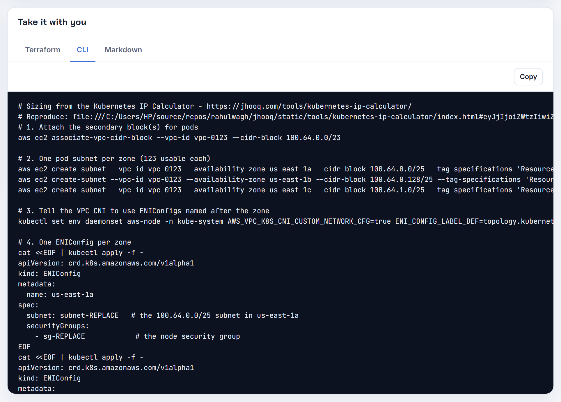 The CLI export with custom networking on m5.large: step 6 checks that each new node advertises 20 pods, the figure the kubelet must not exceed.