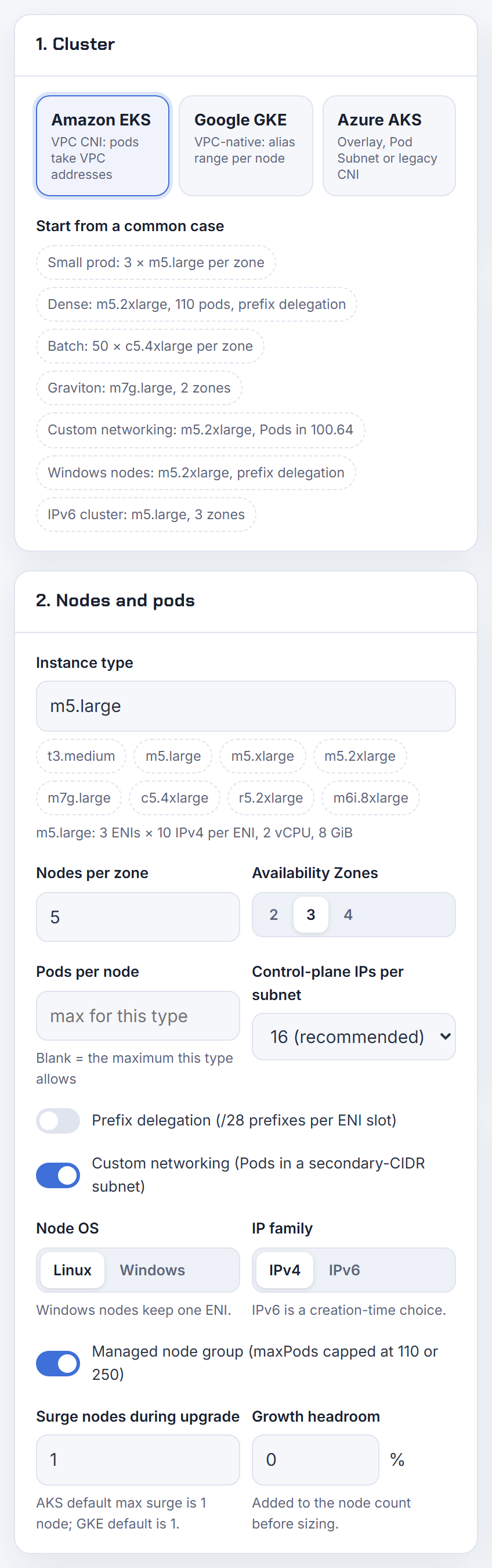 The input cards with the custom networking switch on: the calculator assumes one matching ENIConfig per zone; a node without a matching label never uses it.