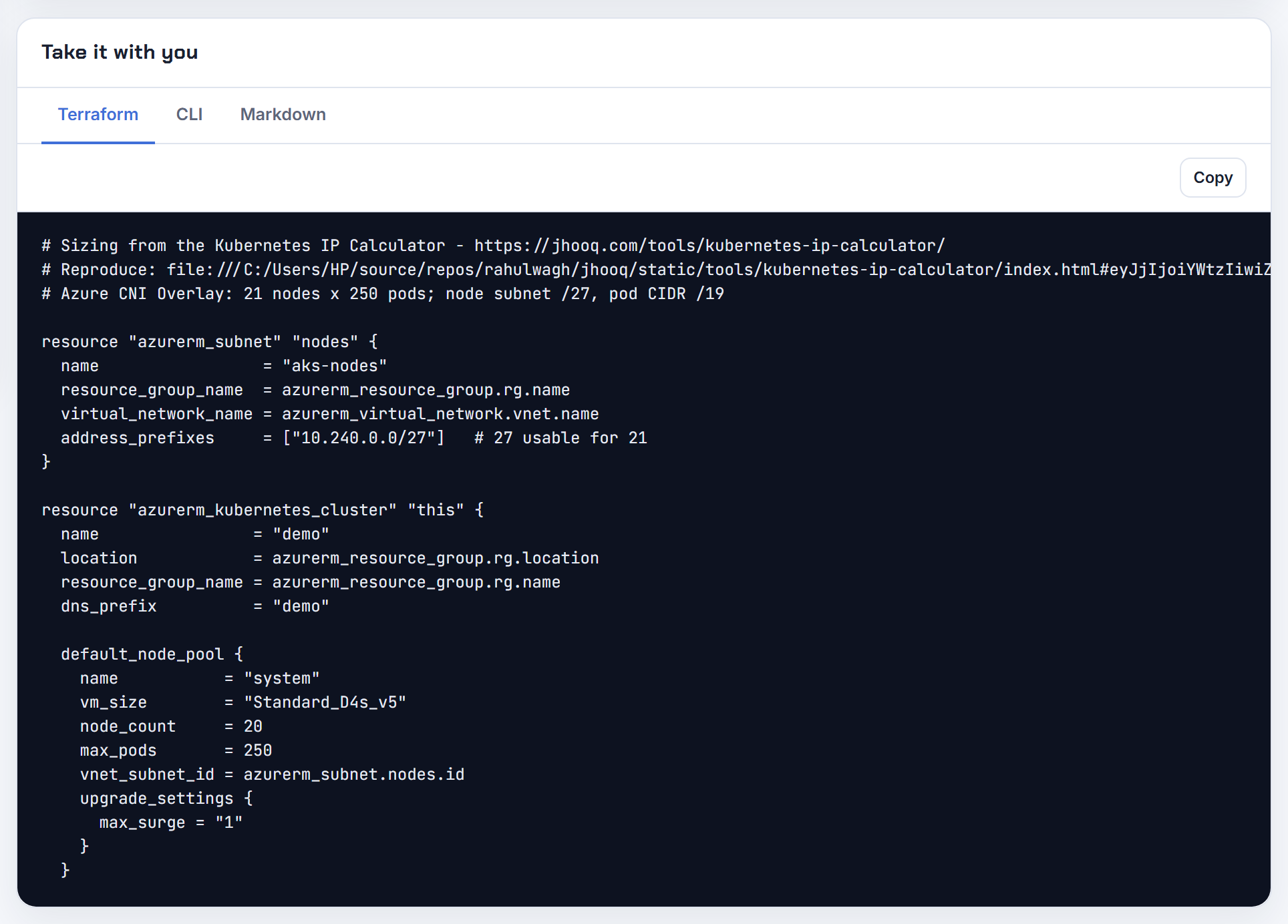 Terraform tab for a 20-node AKS Overlay cluster: network_profile with network_plugin_mode overlay, pod_cidr, service_cidr and dns_service_ip.