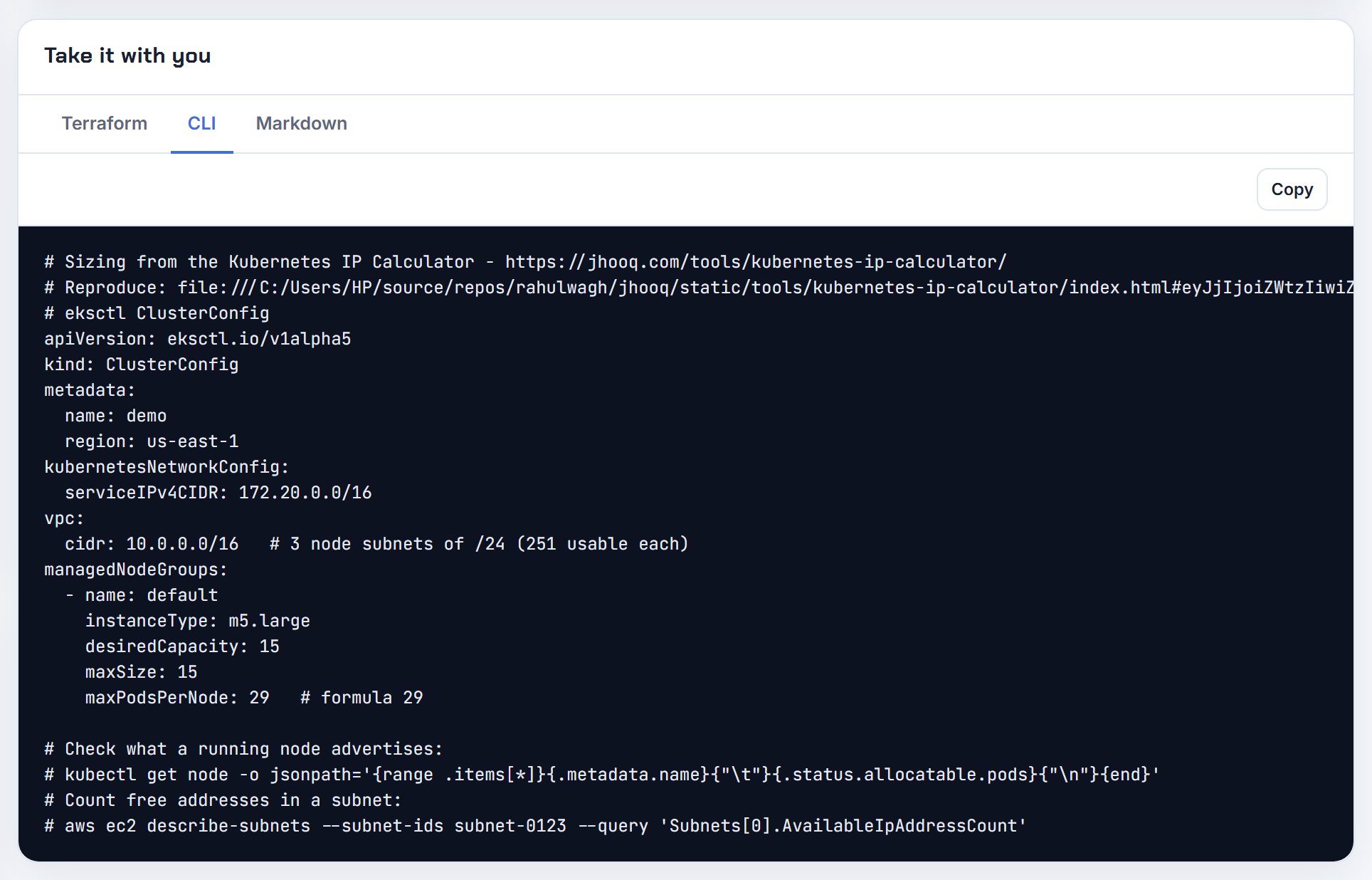 The eksctl export for m5.large: maxPodsPerNode 29 next to its formula; on a managed node group the value EKS injects still wins unless the AMI is custom.