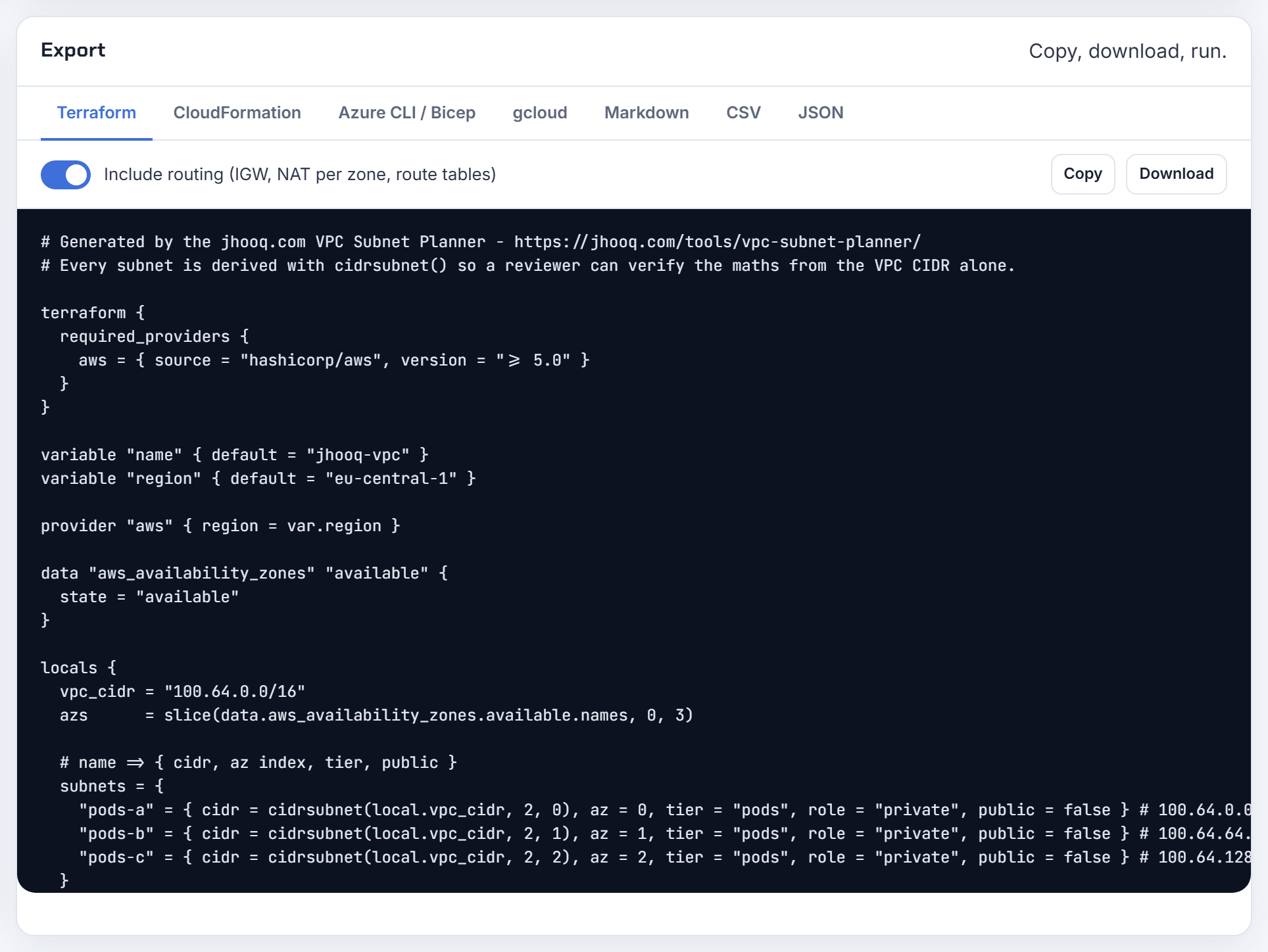 The Terraform export for subnets in a 100.64.0.0/16 block: each subnet has a fixed cidr_block, so associating the block later cannot renumber them.