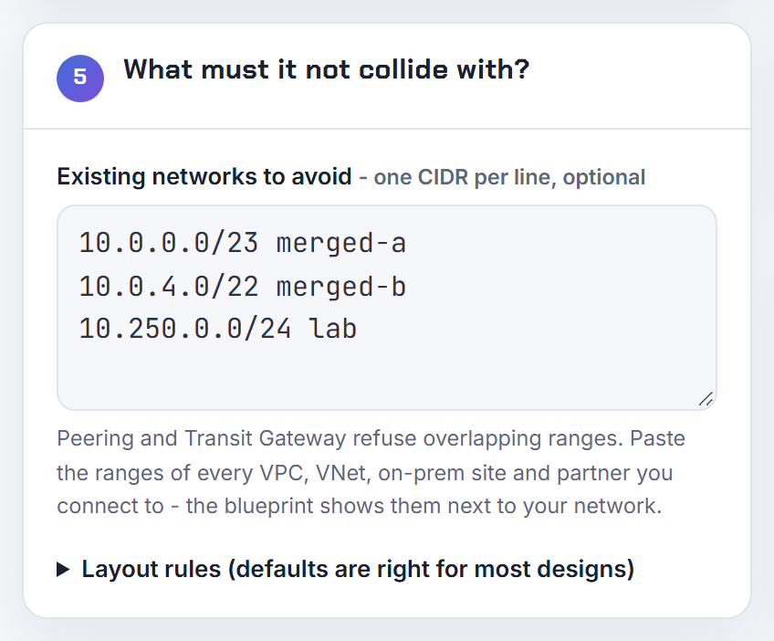 The existing networks box taking the condensed list, one CIDR per line; the overlap check then runs against the merged blocks.