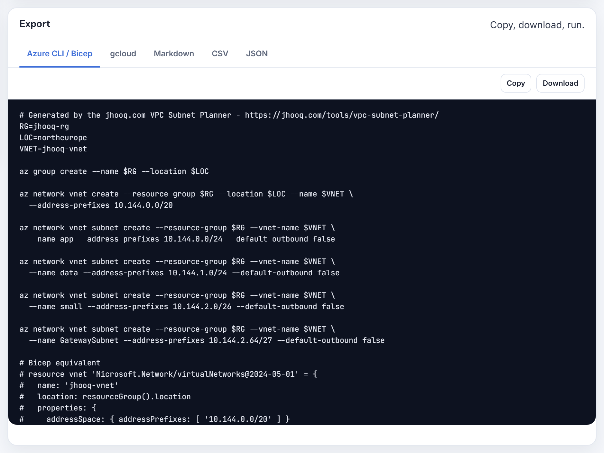 Bicep export for 10.144.0.0/20 with every subnet prefix already computed, so the nested cidrSubnet() calls can be checked against it.
