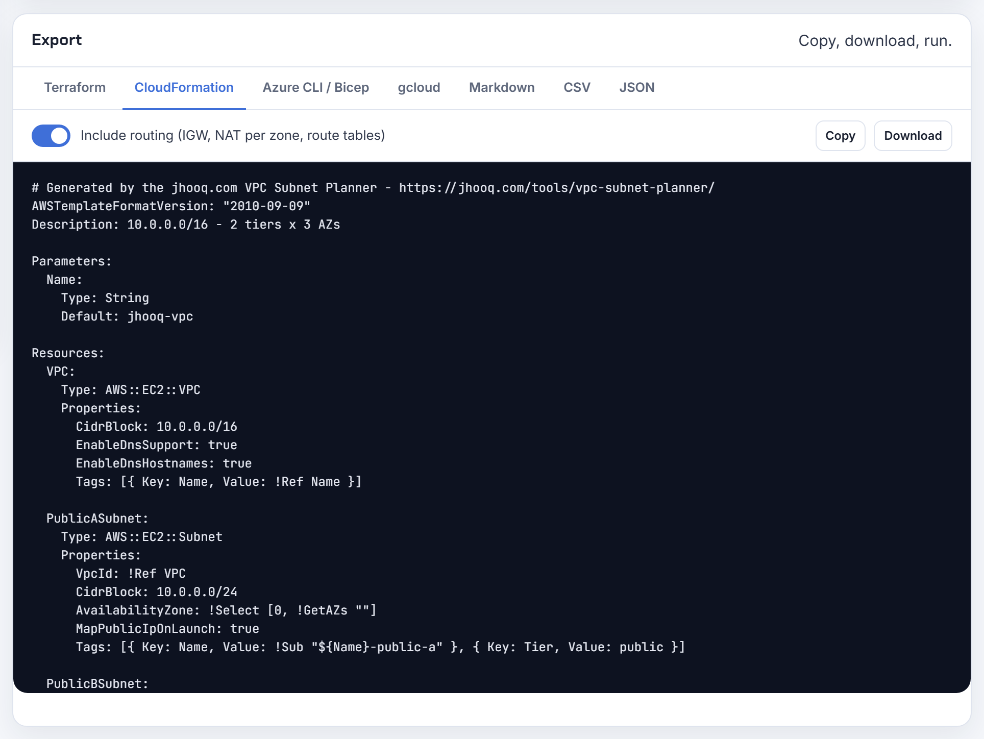 CloudFormation export for six /24 subnets in 10.0.0.0/16: an explicit CidrBlock per subnet instead of a shared Fn::Cidr list.
