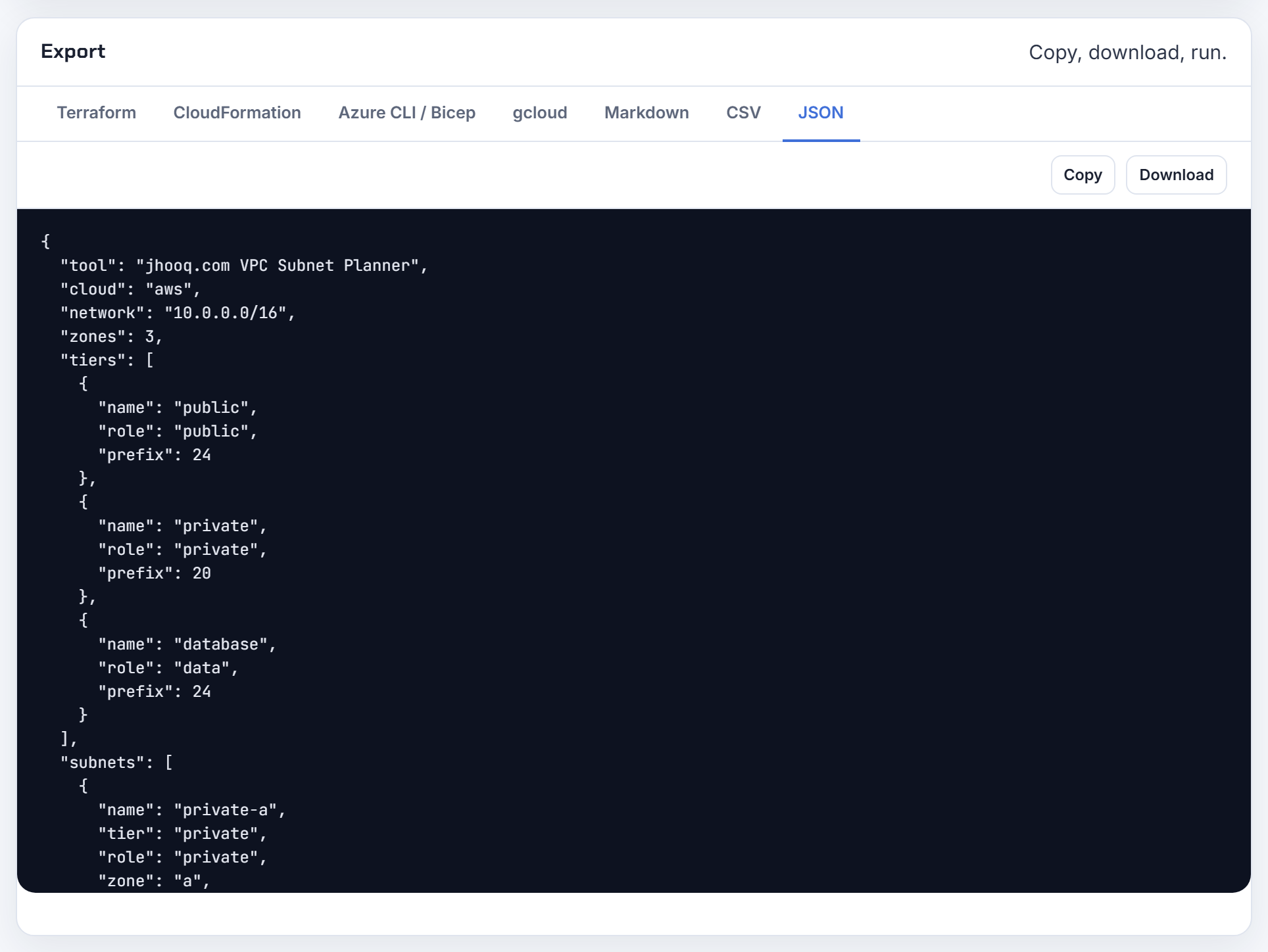 The JSON export of a 10.0.0.0/16 layout: the same CIDR list, one object per subnet, that an EventBridge target would push into the corporate IPAM.
