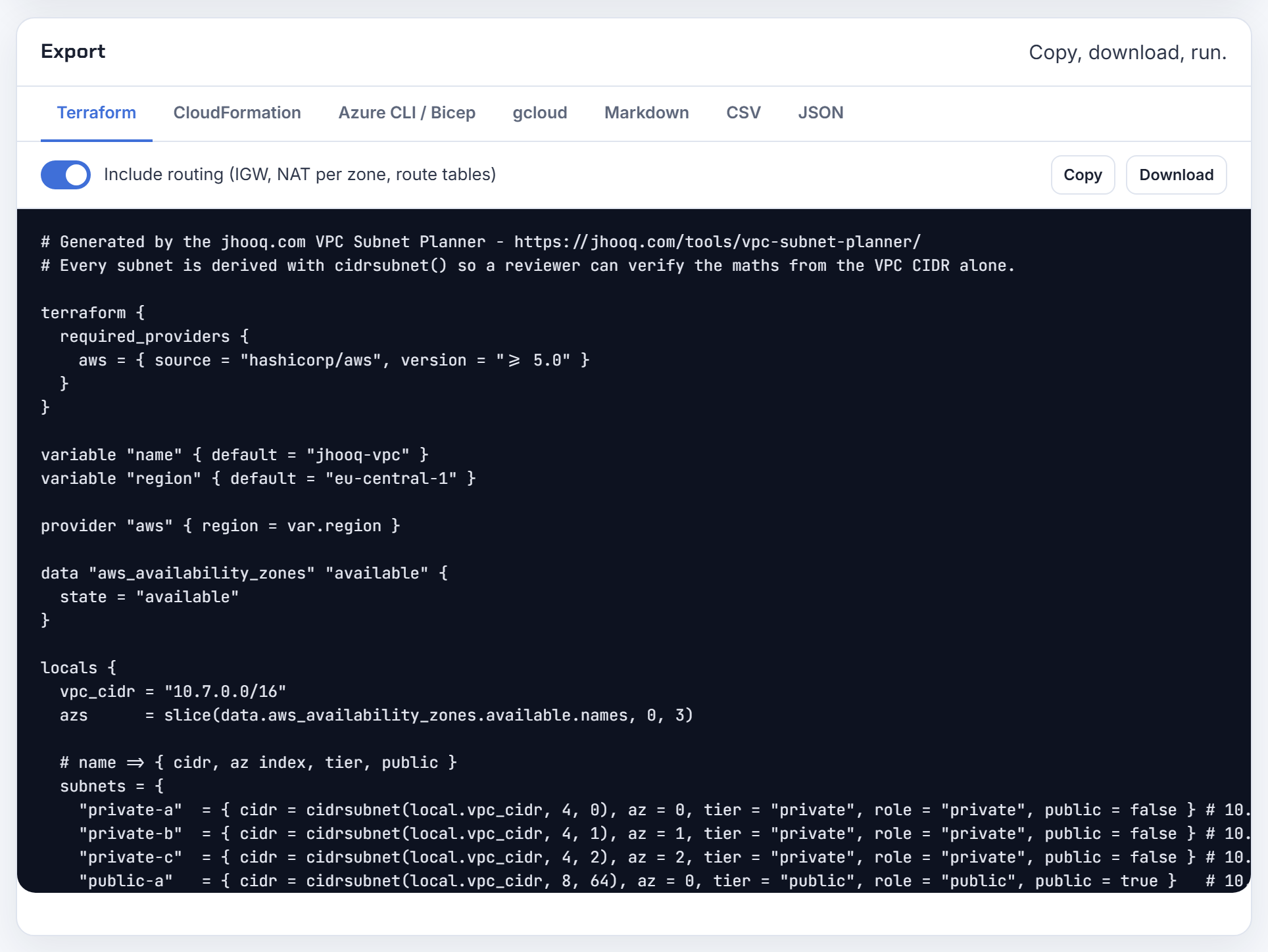 The Terraform export for 10.7.0.0/16: one vpc_cidr local with every subnet derived from it by cidrsubnet(), so the VPC block is the only value to govern.