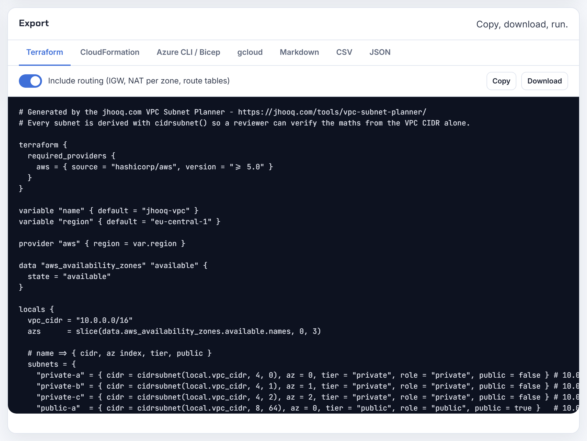 The Terraform export for three /20 private and three /24 public subnets in 10.0.0.0/16, the lists the VPC module takes.