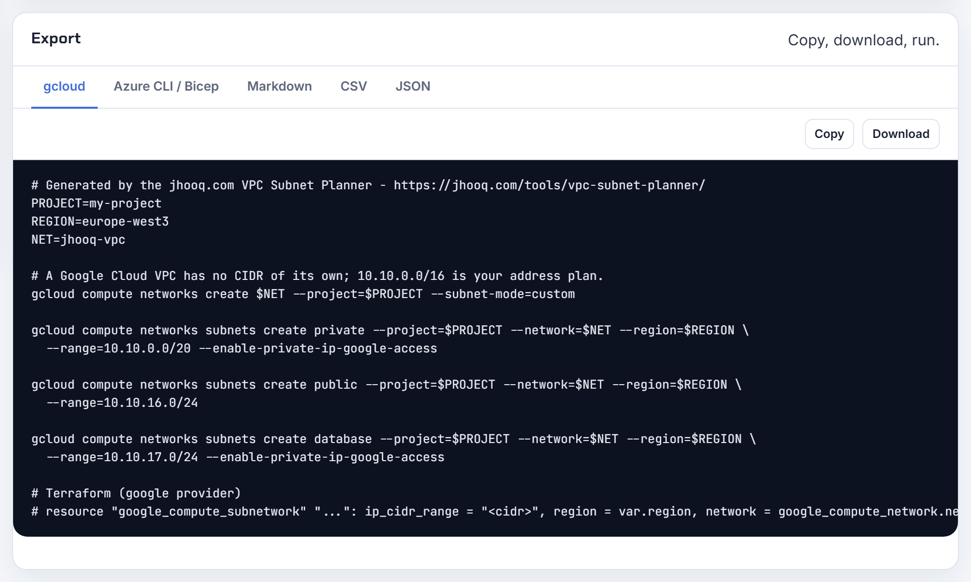 The gcloud export creates the IPv4 subnets on a custom mode network; it does not emit --stack-type, which a later subnets update command adds.