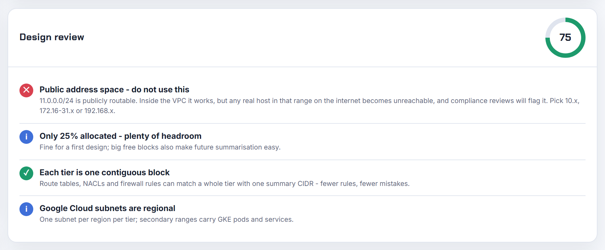 A privately used public 11.0.0.0/24 on Google Cloud against the peered 11.0.0.0/8: the overlap is reported under the public address warning.