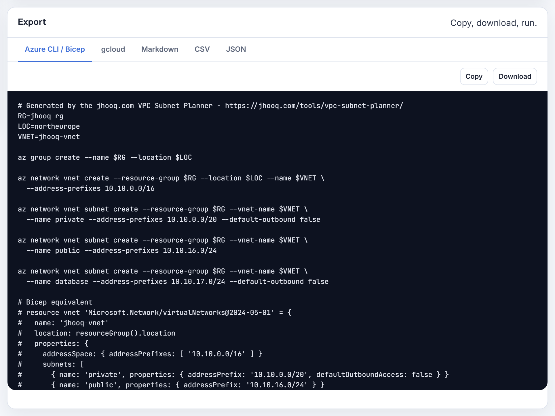 The Azure export for 10.10.0.0/16: every az network vnet subnet create carries its own literal --address-prefixes, nothing indexed from the VNet address space.