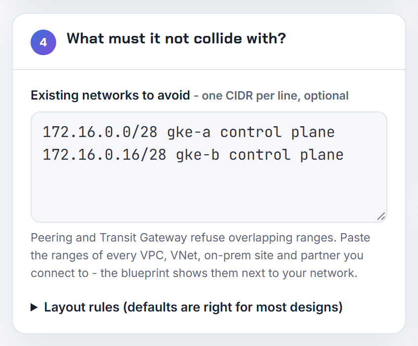 The existing-networks box on GCP with two control plane /28s pasted in, so the next cluster's /28 is picked where nothing overlaps.